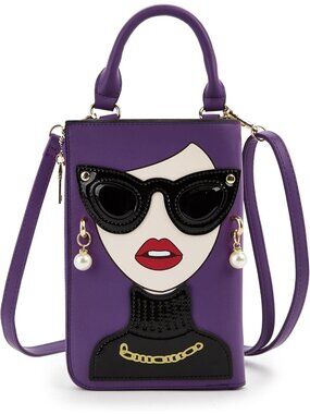 Women Deep Purple Novelty Lady Face PU Leather ShoulderBag Handle Satchel Clutch